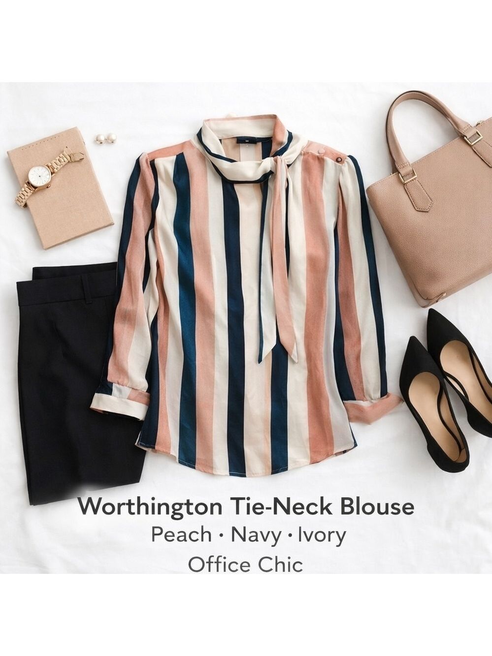 Worthington Careerwear Striped Tie-Neck Blouse Office XS